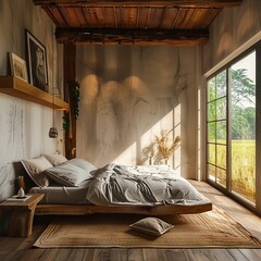 Poster - A bedroom with a bed and a large window