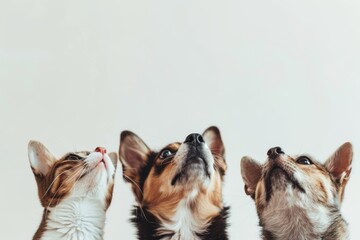 Three curious pets observing something interesting from below in a bright indoor space