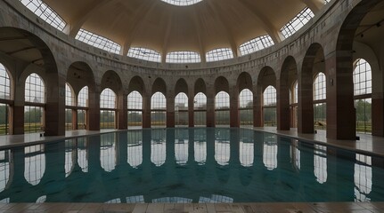  A large building with a pool and a series of domes with allots of windows in a bright day. generative.ai