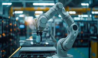 Arm robot working with Screen monitor control industrial machine robot arm line, smart modern factory automation using advanced machines, industrial 4. 0 manufacturing process,  Generative AI