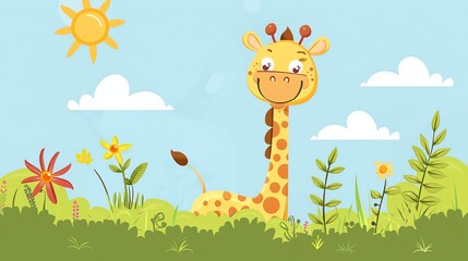 Wall Mural - A cartoon giraffe in a field of flowers.