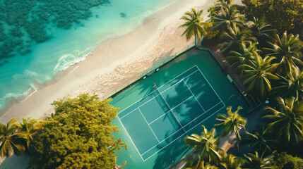 Bird Eye View of a Tennis Court on a Sunny Tropical Beach