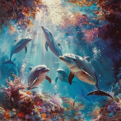 Wall Mural - group of dolphins in colorful underwater, Generative AI