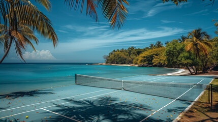 Wall Mural - Top View of a Tennis Court on a Tropical Beach with Palm Trees and Blue Ocean on a Sunny Day