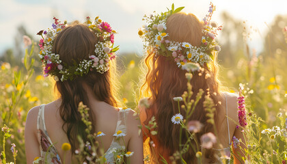 Young women wearing wreaths made of beautiful flowers outdoors on sunny day, back view