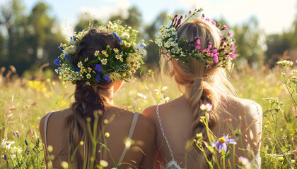 Young women wearing wreaths made of beautiful flowers outdoors on sunny day, back view