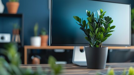 Wall Mural - A green plant sits in a black pot on a desk next to a computer monitor.