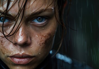 Sticker - Closeup of a woman's face with wet hair and tears