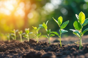 Wall Mural - Young plants growing in soil with sunlight