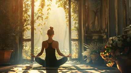 Fototapete - Experience tranquility in a peaceful indoor yoga meditation.