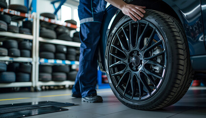 Wall Mural - Male mechanic with car tire in auto store