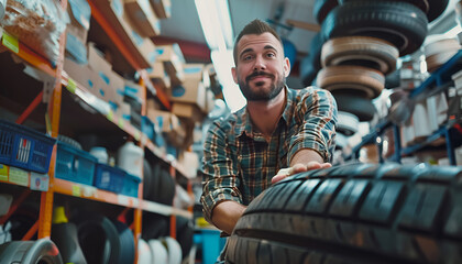 Wall Mural - Male mechanic with car tire in auto store