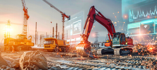 Construction site with equipment like an excavator, dump truck, and cranes. Holographic displays show progress and safety data, displaying advanced technology