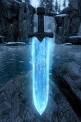 Canvas Print - Glowing magical sword in snowy forest