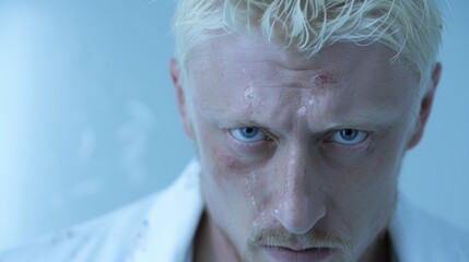 Poster - Intense close-up portrait of a weathered, elderly man with piercing blue eyes