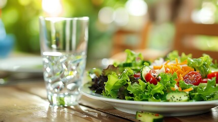 Wall Mural - A fresh green salad with tomatoes, cucumbers, and shredded cheese in a white bowl.