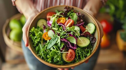 Poster - A person holding a bowl of fresh salad.