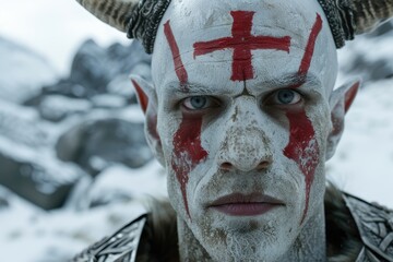 Wall Mural - Warrior with red face paint in the snow