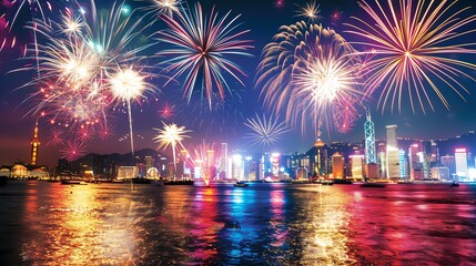 Sticker - A night-time view of a city skyline with colorful fireworks exploding over the water.