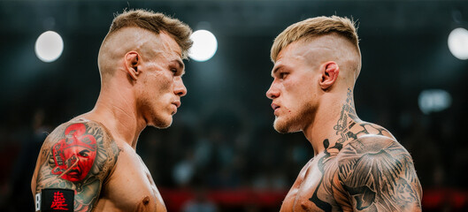 Fierce MMA Battle two highly focused and determined fighters engage in an intense Mixed Martial Arts (MMA) match showcasing raw strength skill, and perseverance in the heat of the fight wallpaper