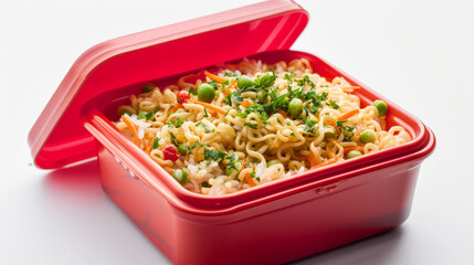 Unhealthy fast food: Fried noodles or instant noodles with rice in a red lunch box on a white background.