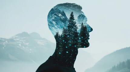 Futuristic double exposure of a programmer, combining digital interface visuals with a picturesque nature landscape of mountains and forests