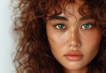 Wall Mural - Captivating portrait of a young woman with striking green eyes and curly auburn hair