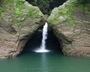 Sticker - Serene waterfall cascading through lush green rocks