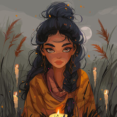 Canvas Print - Enchanting woman candles mystical landscape cartoon portrait illustration. Dark hair arabian brown skin freckles earrings bun grass night moon glowing art magic ethereal nature serenity artwork