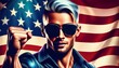 © VectorPart - Stylized Portraits of Young Man with Sunglasses and American Flag Background banner for american president election 2024