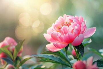 Wall Mural - Fresh peony blossoming against a soft background