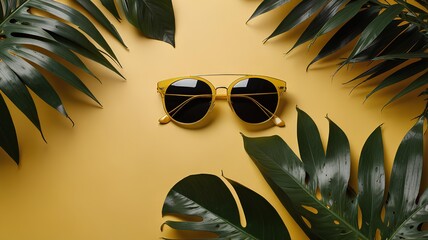 Wall Mural - Yellow background with tropical leaves and yellow sunglasses.