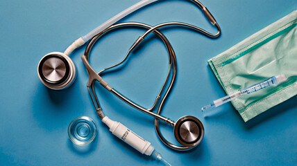 National Immunization Awareness Month -Overhead view of stethoscope, syringe, and medical mask arranged on a blue background