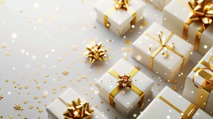 Elegant gift boxes with gold ribbons and confetti on a fuzzy background