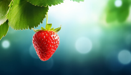 Wall Mural - A red strawberry hanging from a leaf