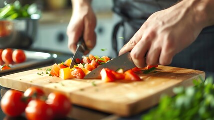 Poster - A chef chopping vegetables on a wooden cutting board.