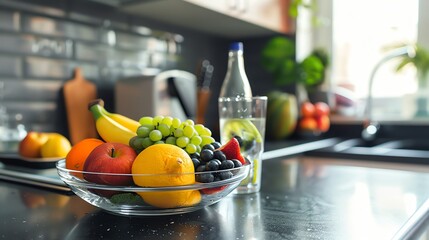 Poster - A bowl of fruit sits on a kitchen counter with a glass of water and a bottle of water in the background.