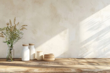 Wall Mural - 3d rendering of wooden countertop in kitchen with sunlight shining through window and shadow on wall, potted plants adding life and greenery to the scene. The overall mood should be warm and inviting.