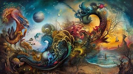 Wall Mural - A painting of a fantastical world with floating islands and a starry sky.