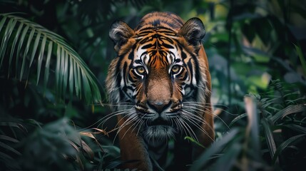 Poster - A tiger walks through a jungle, looking directly at the camera.