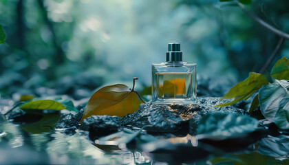 Canvas Print - A bottle of perfume is with leaves and rocks