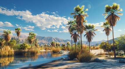 Sticker - Palm trees line a peaceful stream in the desert with a mountain range in the background.