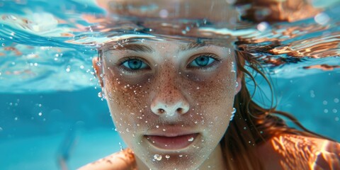 Poster - Woman underwater with blue eyes