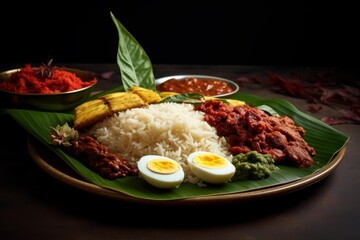 Appetizing indian thali with rice, curry, chutney, and sides served on a banana leaf