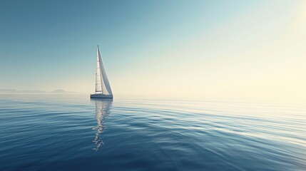 Canvas Print - A sailboat sails on a calm blue ocean under a bright blue sky with white clouds.