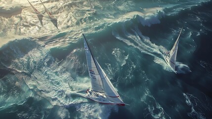 Canvas Print - Sailboats race on choppy water.