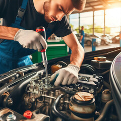 Car mechanic using the torque wrench to repairing in car engine room. a mechanics repair service garage. working on a car service. Car Maintenance and Repair concept