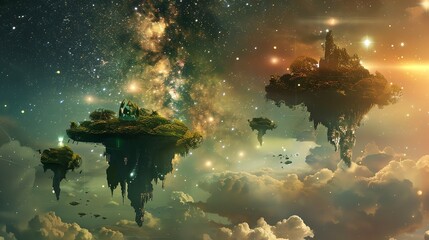 Sticker - A painting of a fantastical world with floating islands, a starry sky, and a cloudy atmosphere.