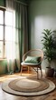 © MrMachyH - A wooden chair with a green cushion is placed on a wooden floor, next to a blank picture frame leaning against a green wall.