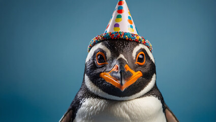 Penguin in a funny festive cap on a blue background. Birthday party